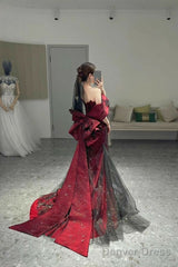 Classy Mermaid Off The Shoulder Burgundy Long Party Dress Sequin Prom Dresses