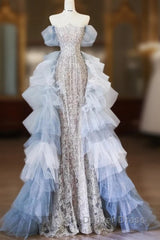 Classy Mermaid Off The Shoulder Neckline Sequin Ruffles Long Evening Dresses Prom Dresses