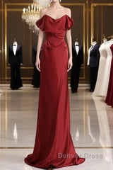 Classy Mermaid Off The Shoulder Red Satin Long Evening Gowns Prom Dresses