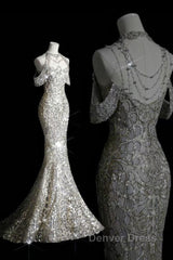 Classy Mermaid Off The Shoulder Silver Sequin Long Party Dresses Prom Dresses
