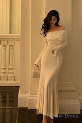 Classy Mermaid Off The Shoulder White Ruffles Long Sleeves Prom Dresses Birthday Outfits Evening Gown