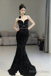 Classy Mermaid Spaghetti Straps Black Sequin Long Evening Gowns Prom Dress