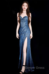 Classy Mermaid Spaghetti Straps Navy Blue Sequin Long Evening Gowns Prom Dresses