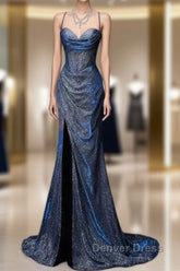 Classy Mermaid Spaghetti Straps Navy Blue Sequin Long Evening Gowns Prom Dresses