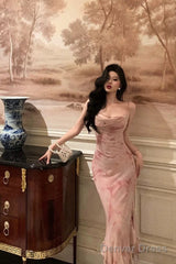 Classy Mermaid Spaghetti Straps Pink Prom Dresses Birthday Outfits Evening Gown