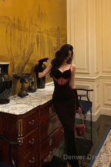 Classy Mermaid Spaghetti Straps Sleeveless Burgundy Velvet Prom Dresses Birthday Outfits