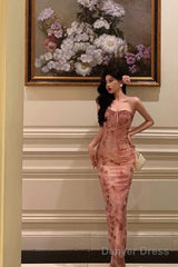 Classy Mermaid Spaghetti Straps Sleeveless Pink Floral Prom Dresses Birthday Outfits