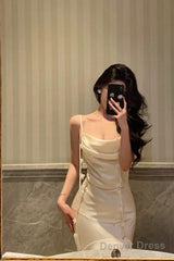 Classy Mermaid Spaghetti Straps White Floral Satin Prom Dresses Birthday Outfits Evening Gown