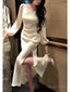 Classy Mermaid Square Neckline Long Sleeves Slit Prom Dresses Prom Gown