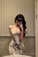 Classy Mermaid Square Neckline Ruffles Long Chiffon Slit Prom Dresses Birthday Outfits Evening Gown