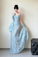 Classy Mermaid Strapless Lace Blue Long Evening Gowns Split Prom Dress