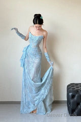 Classy Mermaid Strapless Lace Blue Long Evening Gowns Split Prom Dress