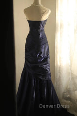 Classy Mermaid Strapless Navy Blue Organza Long Evening Gowns Prom Dresses