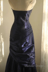 Classy Mermaid Strapless Navy Blue Organza Long Evening Gowns Prom Dresses