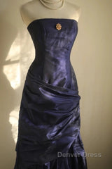 Classy Mermaid Strapless Navy Blue Organza Long Evening Gowns Prom Dresses