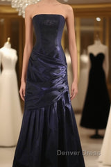 Classy Mermaid Strapless Navy Blue Organza Long Evening Gowns Prom Dresses