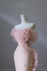 Classy Mermaid Strapless Pink Sequin Long Evening Dresses Prom Dresses