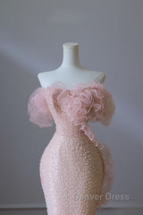 Classy Mermaid Strapless Pink Sequin Long Evening Dresses Prom Dresses