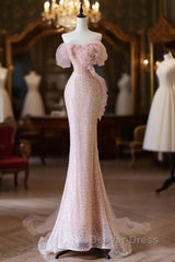 Classy Mermaid Strapless Pink Sequin Long Evening Dresses Prom Dresses