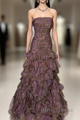 Classy Mermaid Strapless Ruffles Long Evening Dresses Prom Dresses