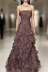 Classy Mermaid Strapless Ruffles Long Evening Dresses Prom Dresses