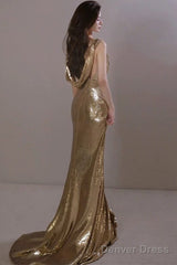 Classy Mermaid Straps Gold Sequin Long Evening Gowns Prom Dress