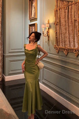 Classy Mermaid Straps Green Satin Prom Dresses Birthday Outfits