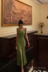 Classy Mermaid Straps Green Satin Prom Dresses Birthday Outfits