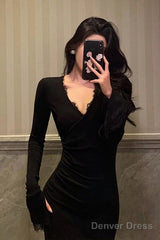 Classy Mermaid V Neckline Long Sleeves Black Prom Dresses Birthday Outfits