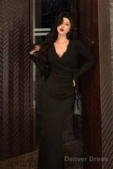 Classy Mermaid V Neckline Long Sleeves Black Prom Dresses Birthday Outfits