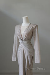 Classy Mermaid V Neckline Long Sleeves Sequin Ruffles Long Evening Dresses Prom Dresses