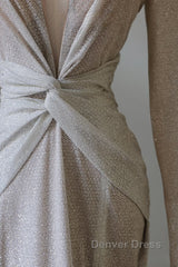 Classy Mermaid V Neckline Long Sleeves Sequin Ruffles Long Evening Dresses Prom Dresses