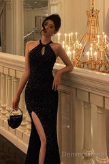 Classy Sheath Halter Sleeveless Black Sequin Prom Dresses Birthday Outfits
