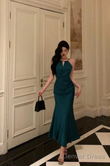 Classy Sheath Halter Sleeveless Green Silk Satin Prom Dresses Birthday Outfits