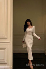 Classy Sheath Long Sleeves White Prom Dresses Birthday Outfits Evening Gown