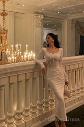 Classy Sheath Long Sleeves White Prom Dresses Birthday Outfits Evening Gown