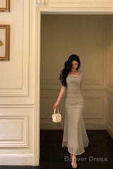 Classy Sheath Off The Shoulder Dusty Green Ruffles Prom Dresses Birthday Outfits