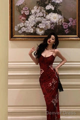 Classy Sheath Spaghetti Straps Burgundy Butterfly Prom Dresses Birthday Outfits