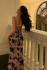 Classy Sheath Spaghetti Straps Floral Backless Prom Dresses Birthday Outfits Party Dress