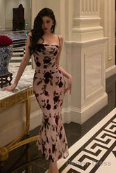 Classy Sheath Spaghetti Straps Floral Backless Prom Dresses Birthday Outfits Party Dress