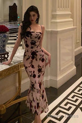 Classy Sheath Spaghetti Straps Floral Backless Prom Dresses Birthday Outfits Party Dress