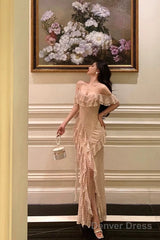 Classy Sheath Spaghetti Straps Floral Long Slit Prom Dresses Birthday Outfits Evening Gown