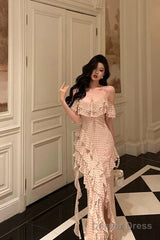 Classy Sheath Spaghetti Straps Floral Long Slit Prom Dresses Birthday Outfits Evening Gown