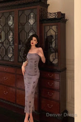 Classy Sheath Spaghetti Straps Grape Long Prom Dresses Birthday Outfits Evening Gown