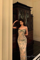 Classy Sheath Spaghetti Straps Green Floral Lace Prom Dresses Birthday Outfits Evening Gown