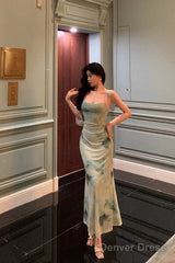 Classy Sheath Spaghetti Straps Mint Green Floral Prom Dresses Birthday Outfits Evening Gown