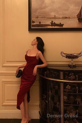 Classy Sheath Spaghetti Straps Red Slit Prom Dresses Birthday Outfits