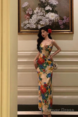 Classy Sheath Spaghetti Straps Satin Floral Prom Dresses Birthday Outfits Evening Gown