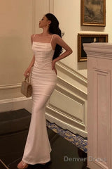 Classy Sheath Spaghetti Straps White Long Prom Dresses Birthday Outfits