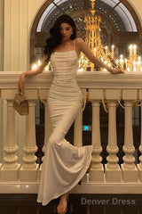 Classy Sheath Spaghetti Straps White Long Prom Dresses Birthday Outfits